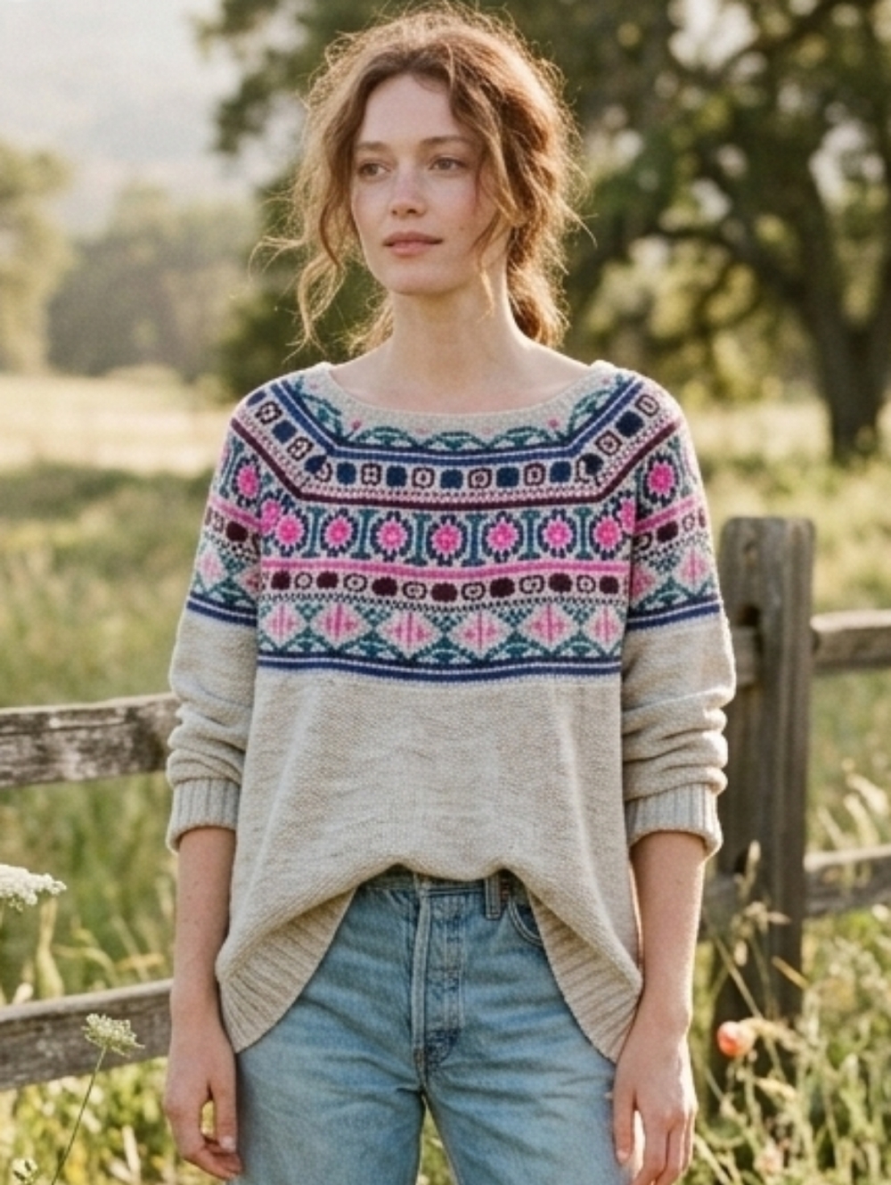 American Eagle Outfitters Cream Crewneck Sweater with Pink & Navy Fair Isle Yoke
